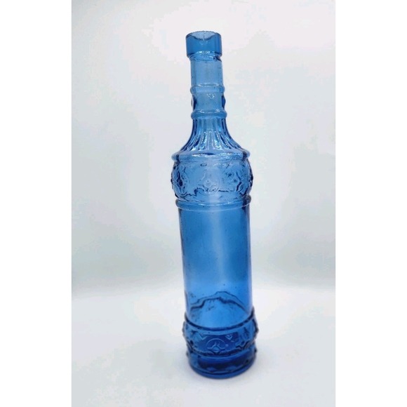 Vintage Decorative 12" Blue Embossed Pressed Glass Bottle Decanter - Picture 2 of 7